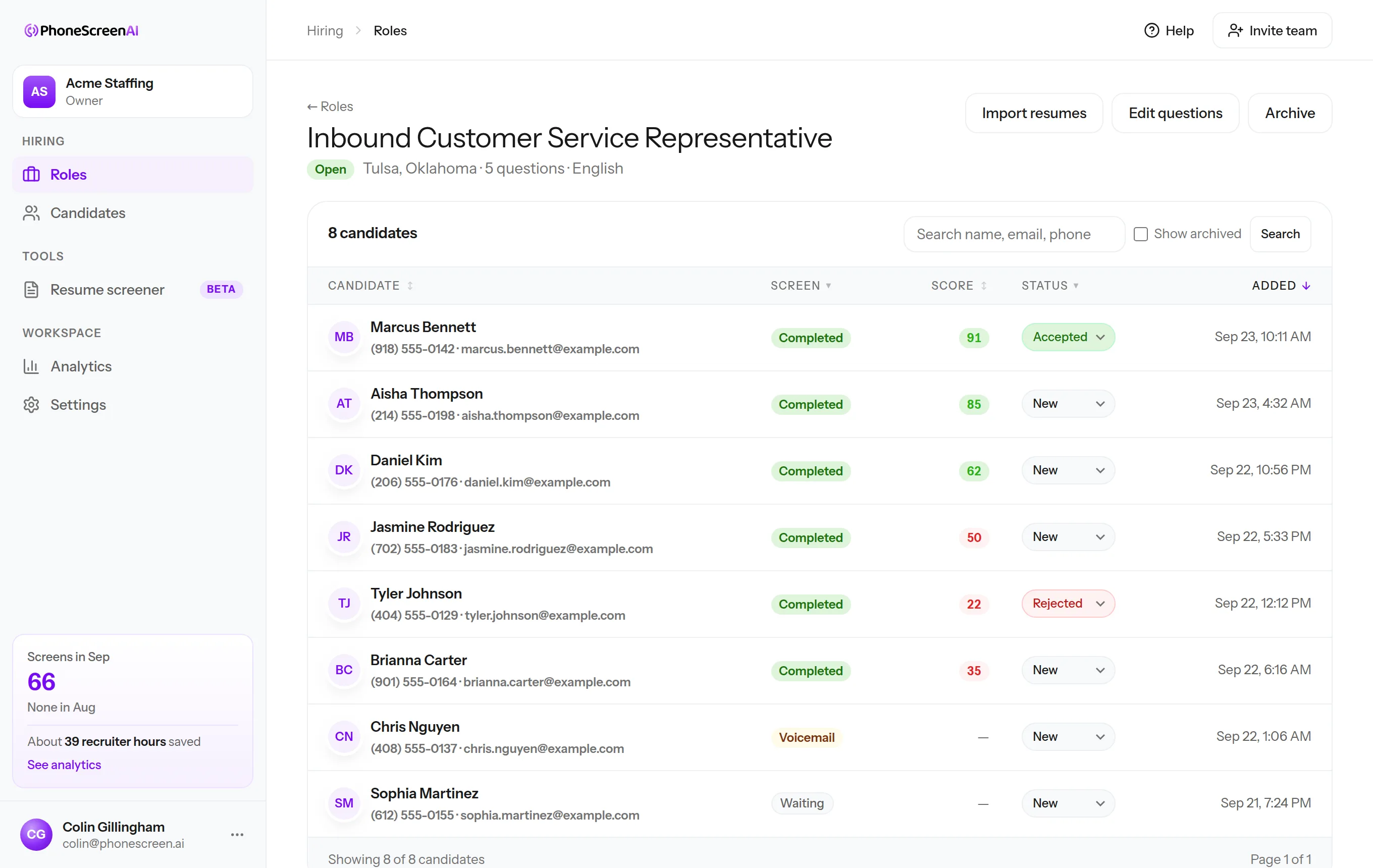Candidate list for a Inbound Customer Service Representative role: every applicant with their screen status, score, and your decision
