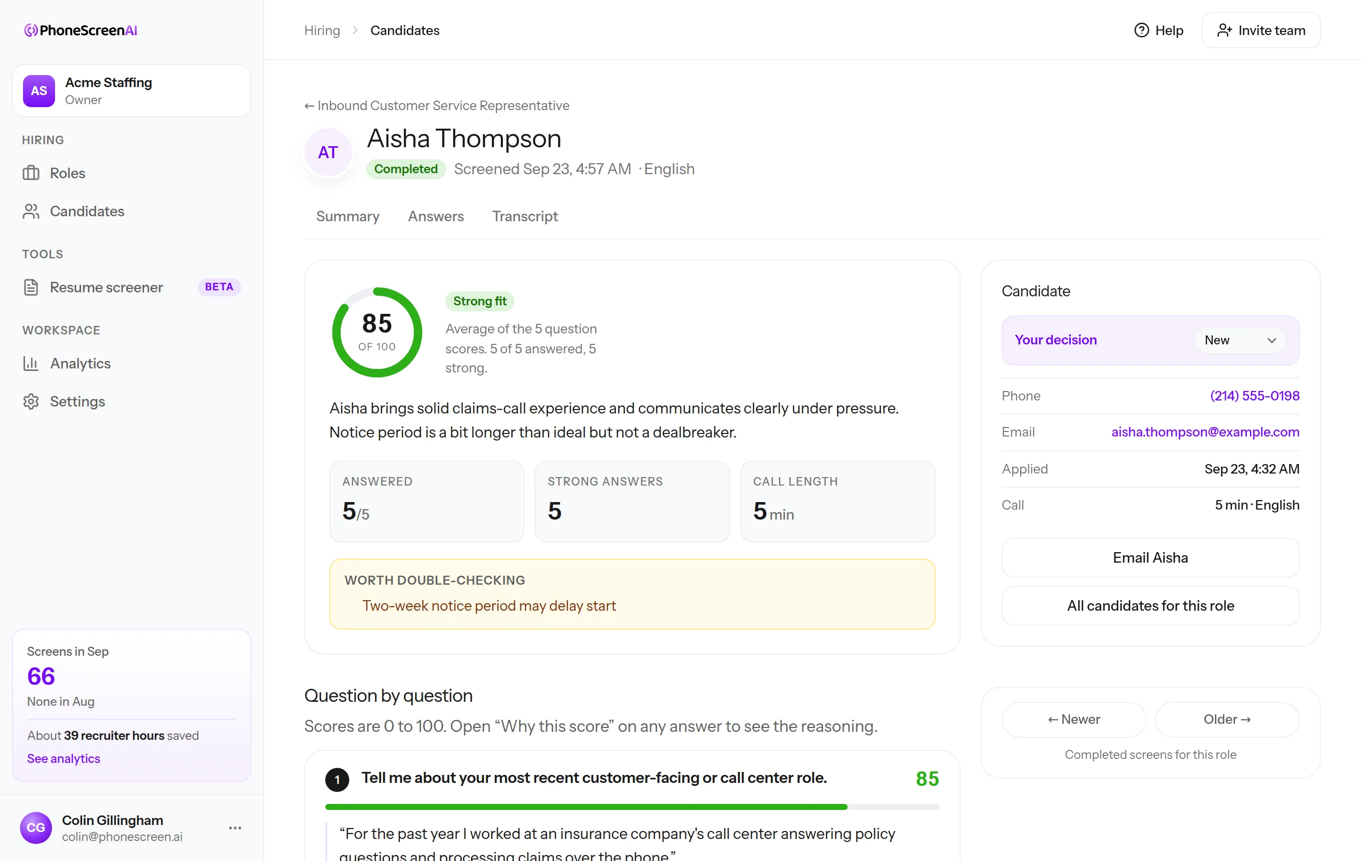 One candidate's screen: score out of 100, what to double-check, and each answer in their own words