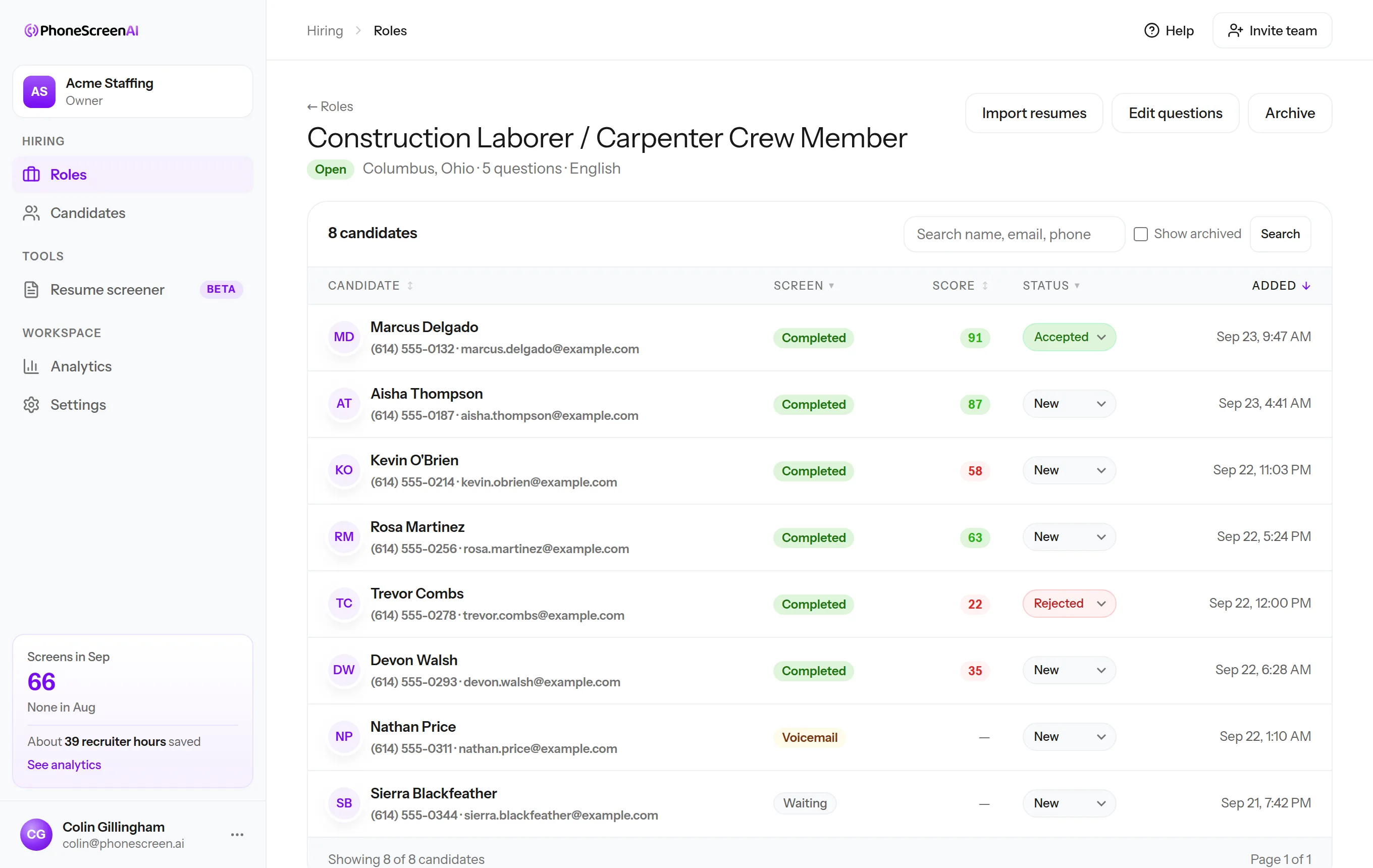 Candidate list for a Construction Laborer / Carpenter Crew Member role: every applicant with their screen status, score, and your decision
