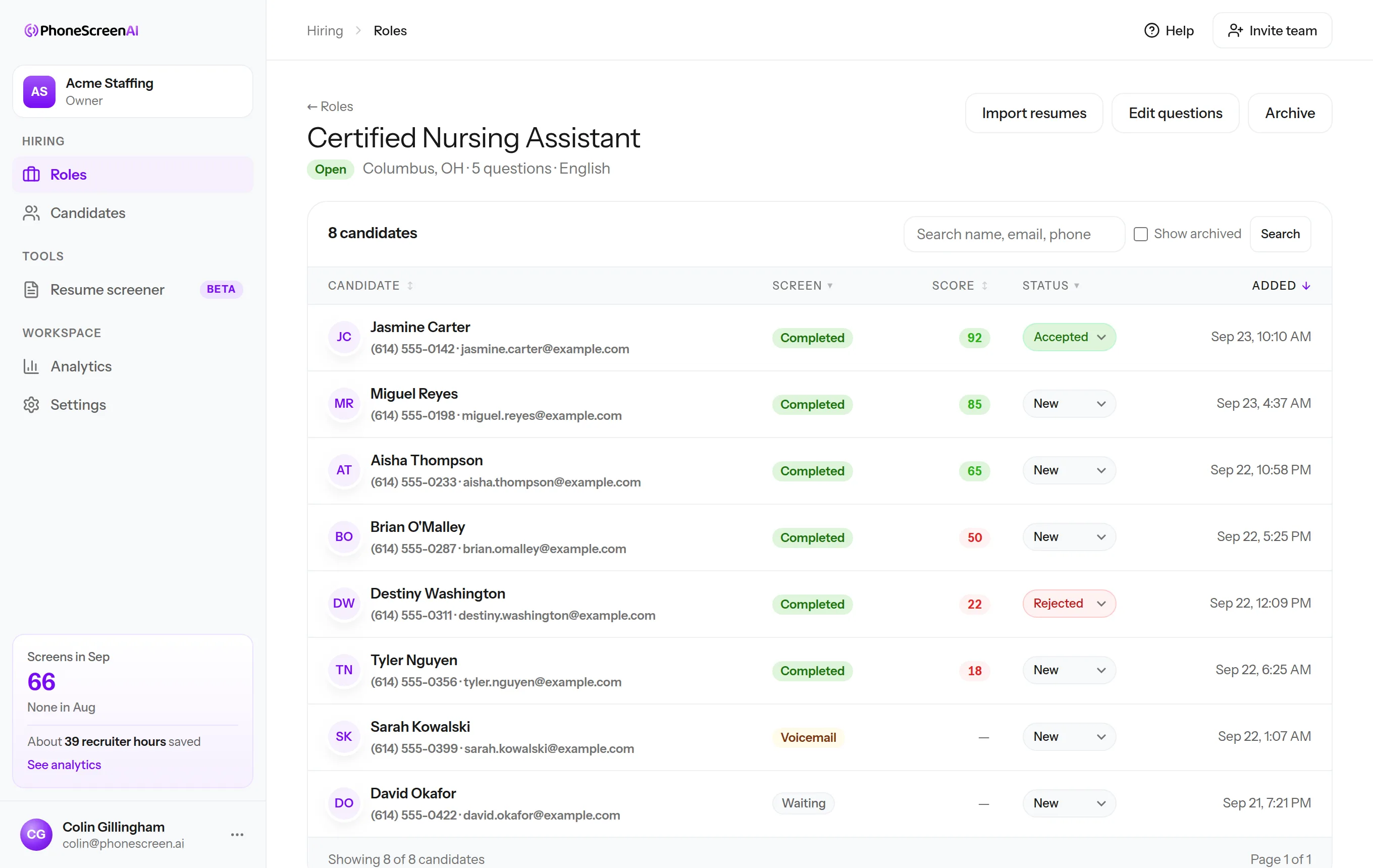 Candidate list for a Certified Nursing Assistant role: every applicant with their screen status, score, and your decision