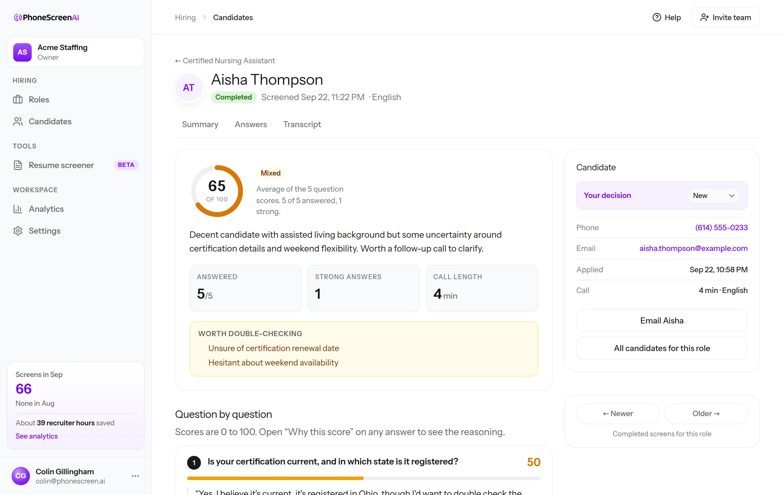 One candidate's screen: score out of 100, what to double-check, and each answer in their own words