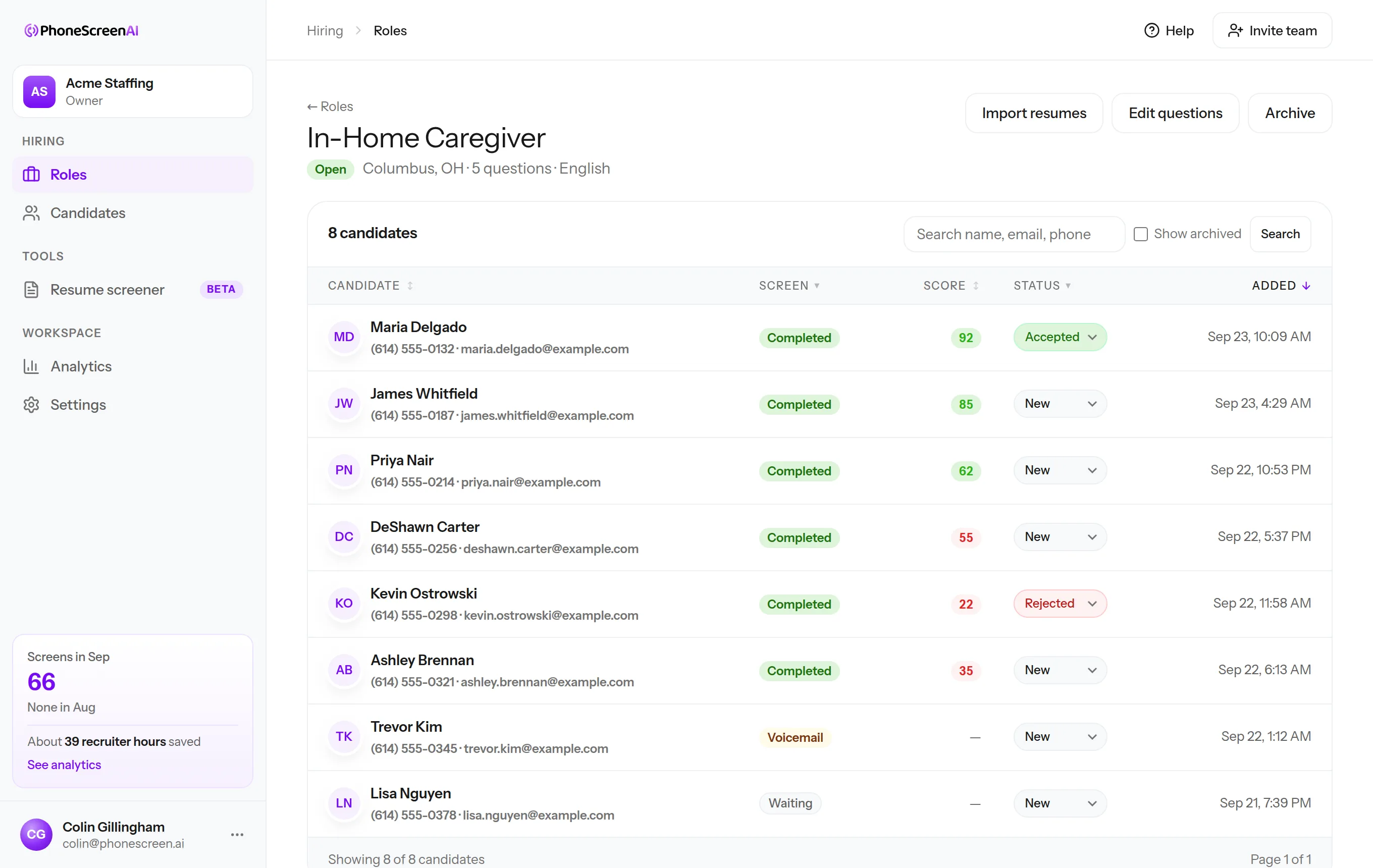 Candidate list for a In-Home Caregiver role: every applicant with their screen status, score, and your decision