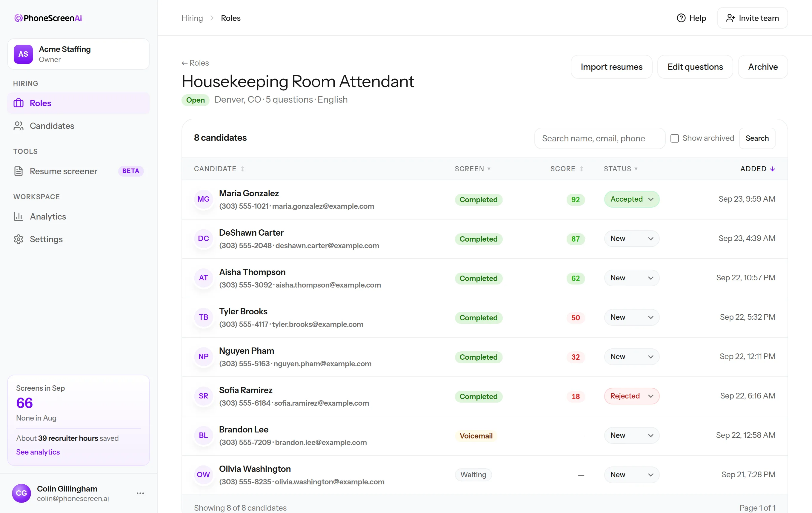 Candidate list for a Housekeeping Room Attendant role: every applicant with their screen status, score, and your decision