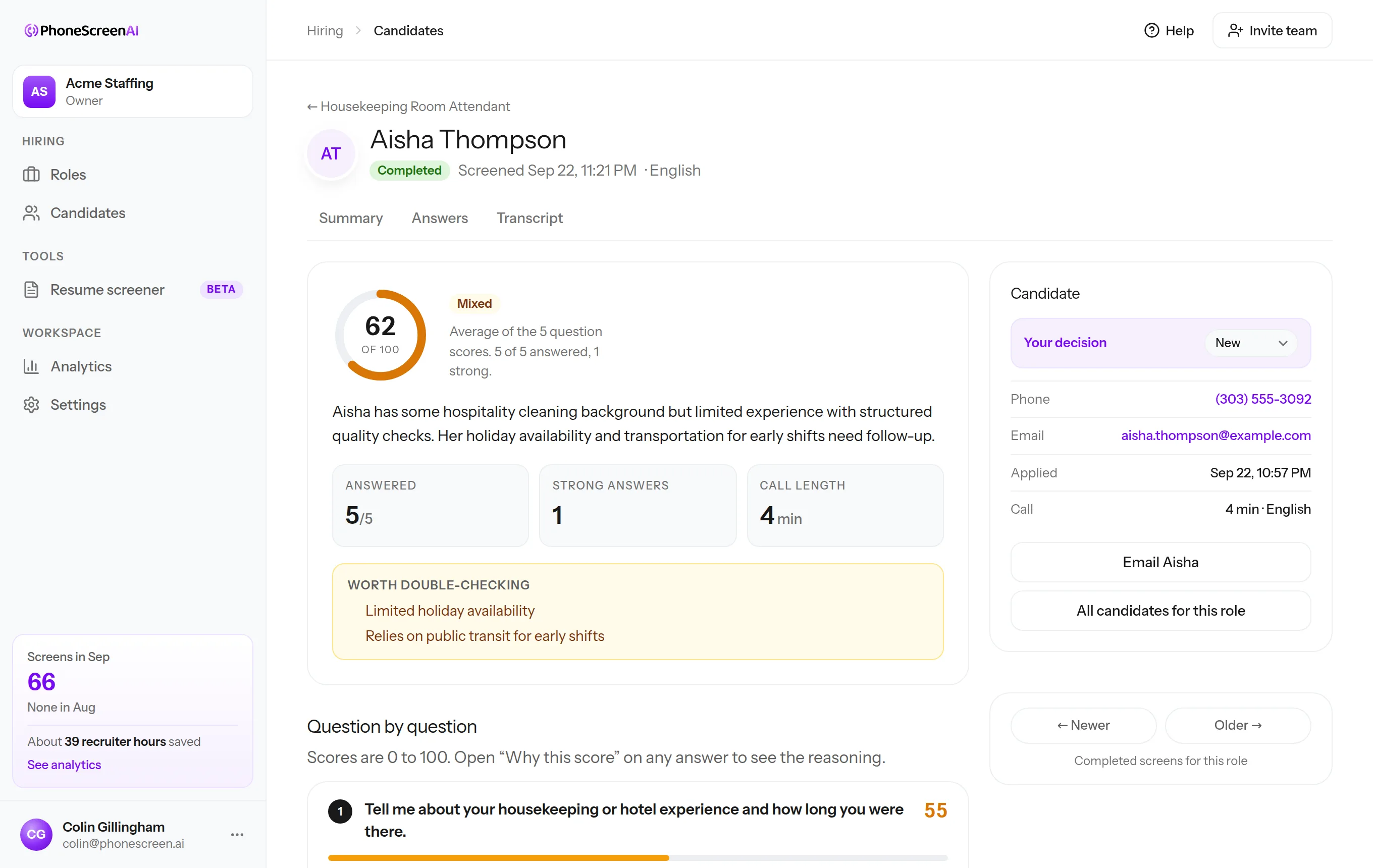 One candidate's screen: score out of 100, what to double-check, and each answer in their own words