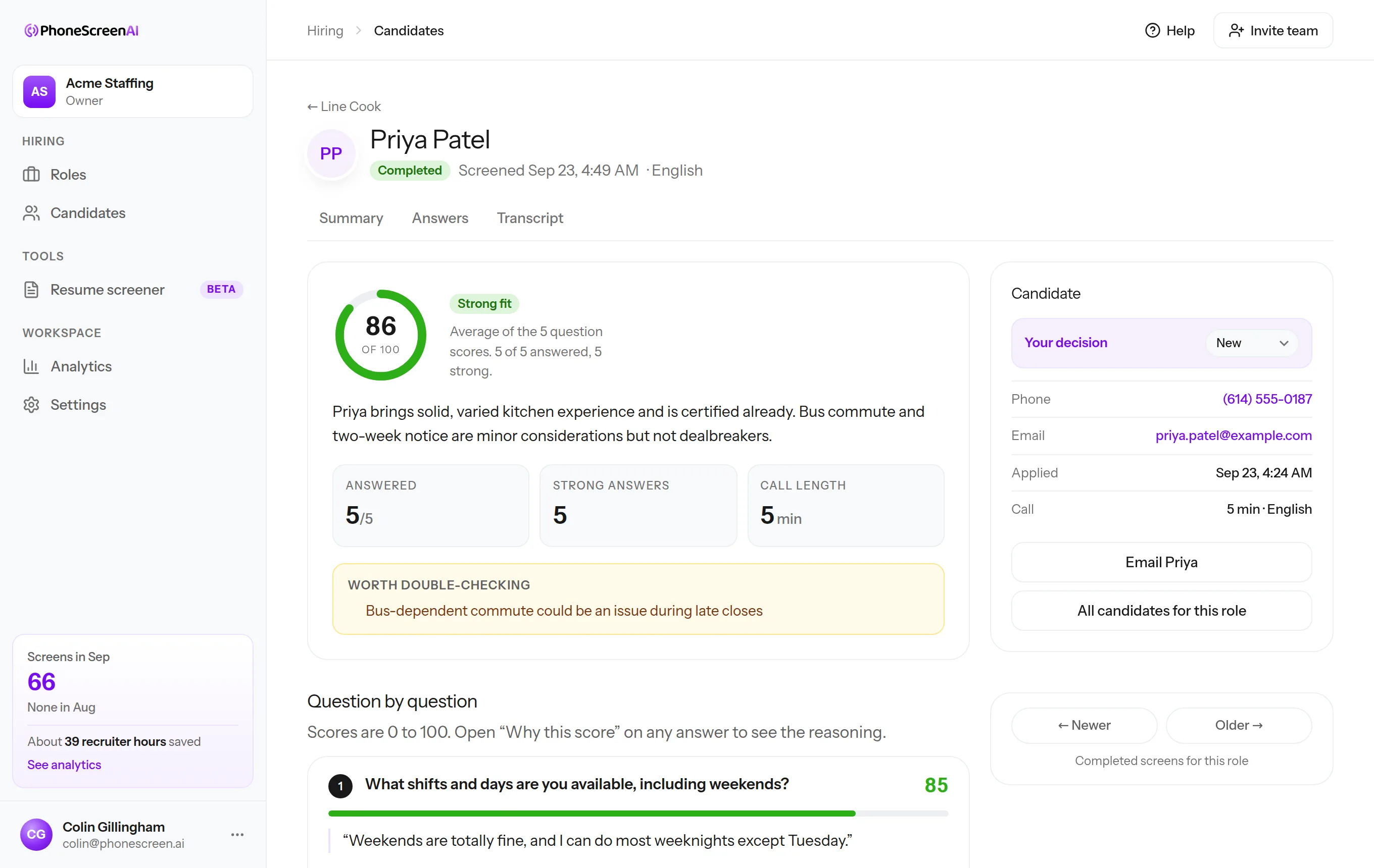 One candidate's screen: score out of 100, what to double-check, and each answer in their own words