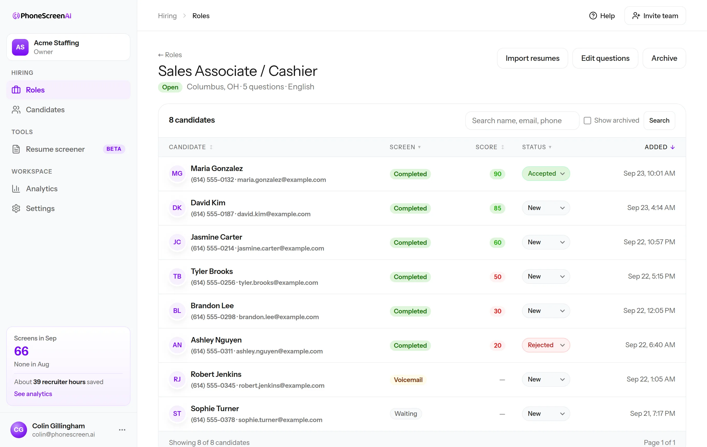 Candidate list for a Sales Associate / Cashier role: every applicant with their screen status, score, and your decision