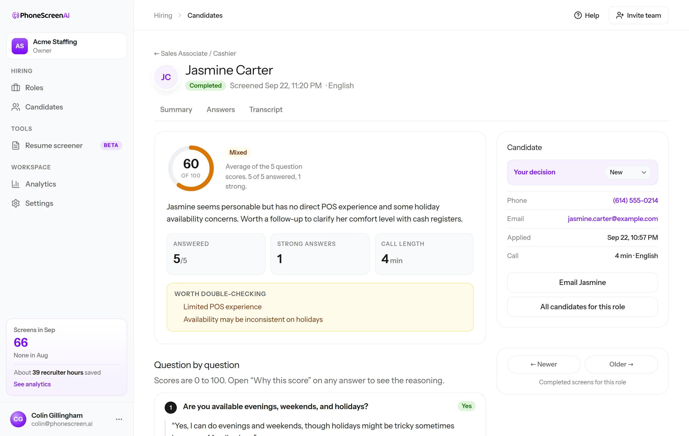 One candidate's screen: score out of 100, what to double-check, and each answer in their own words