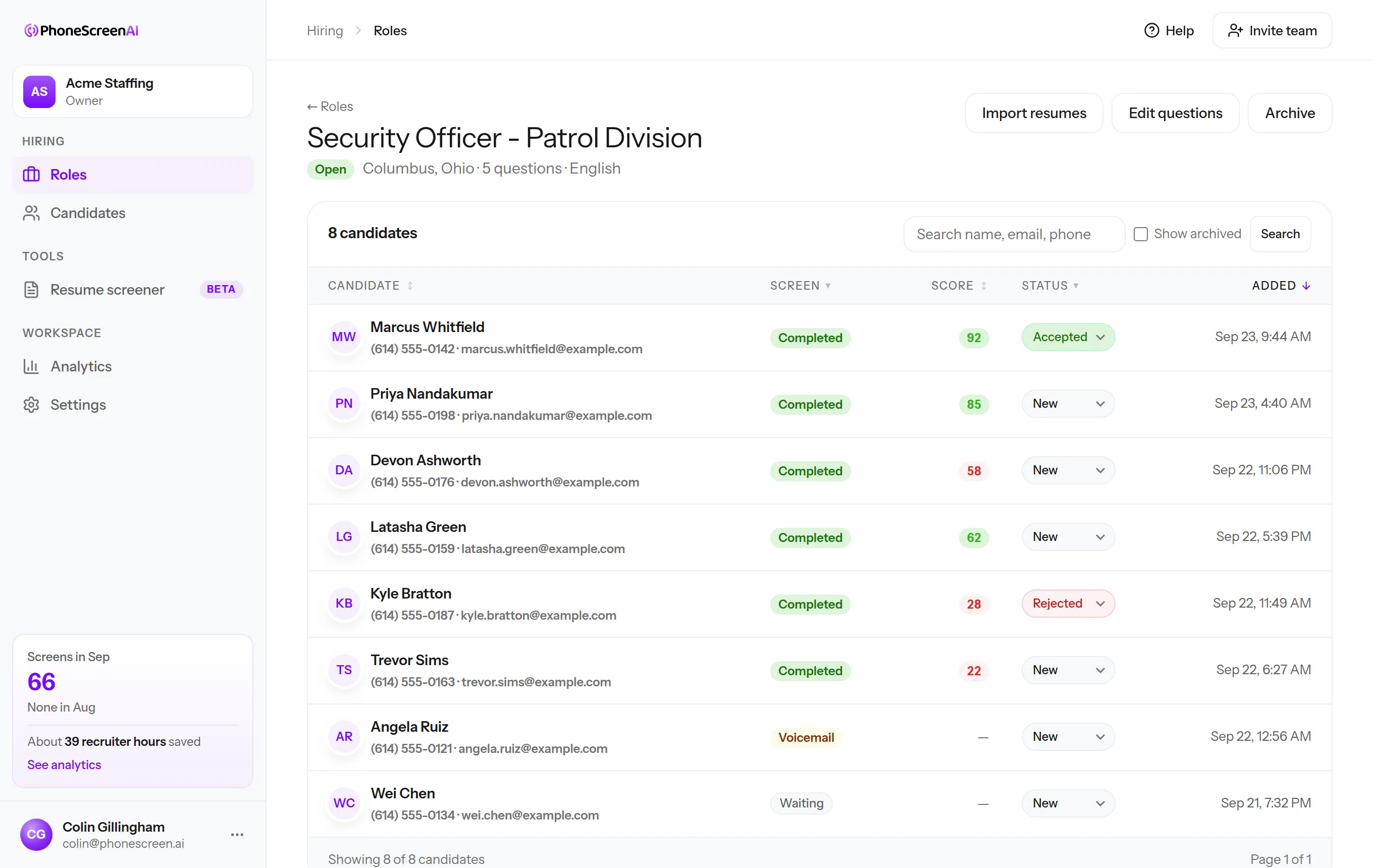 Candidate list for a Security Officer - Patrol Division role: every applicant with their screen status, score, and your decision