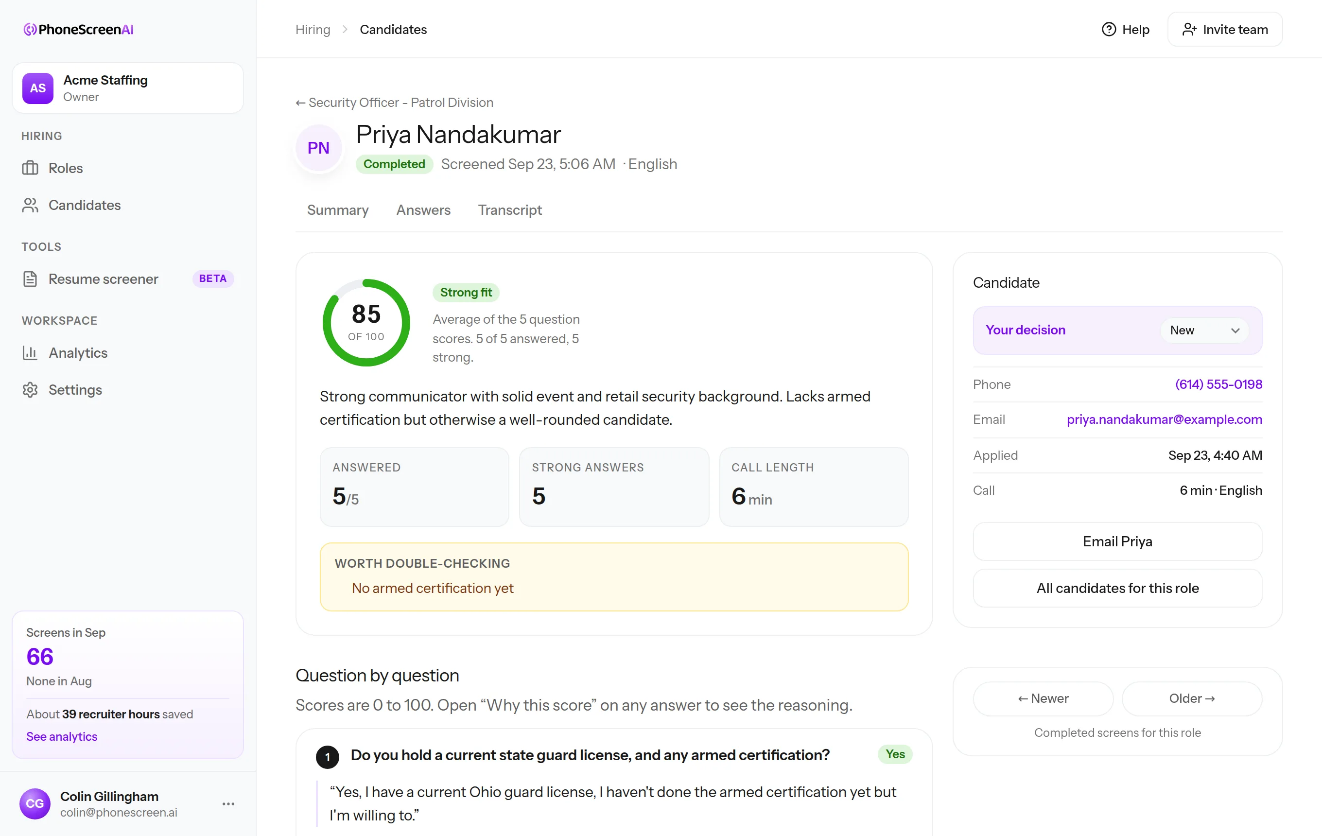 One candidate's screen: score out of 100, what to double-check, and each answer in their own words