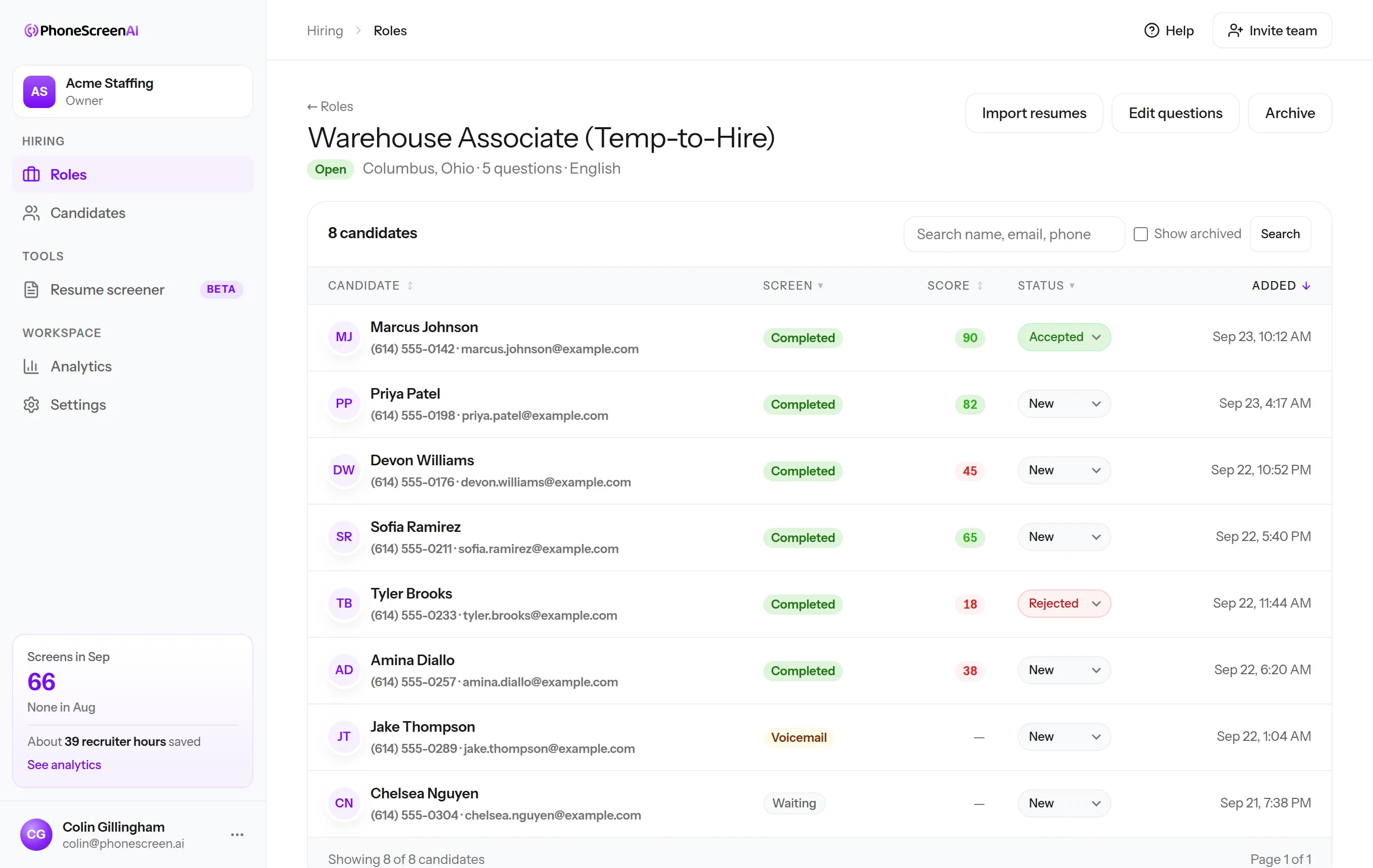 Candidate list for a Warehouse Associate (Temp-to-Hire) role: every applicant with their screen status, score, and your decision