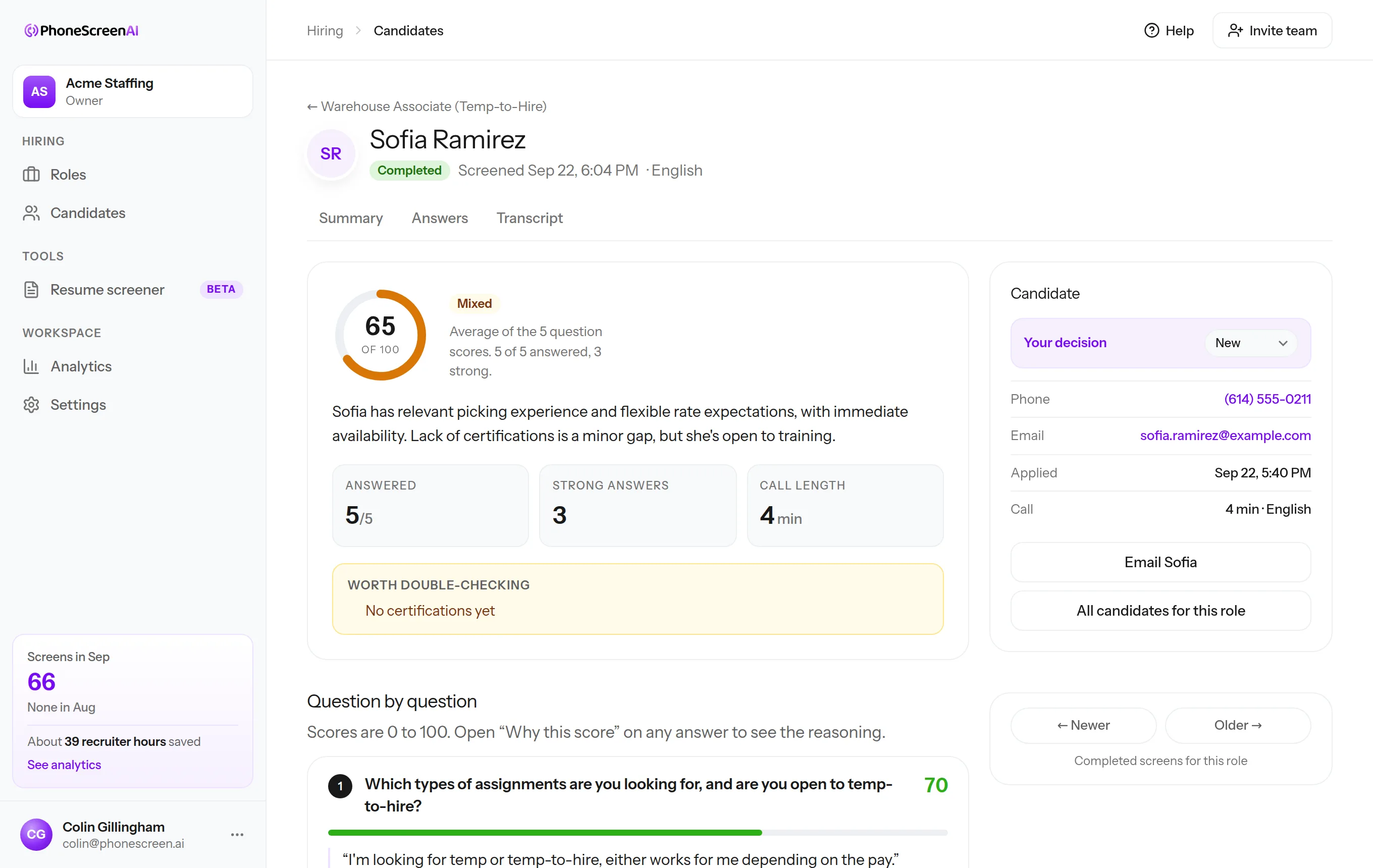 One candidate's screen: score out of 100, what to double-check, and each answer in their own words