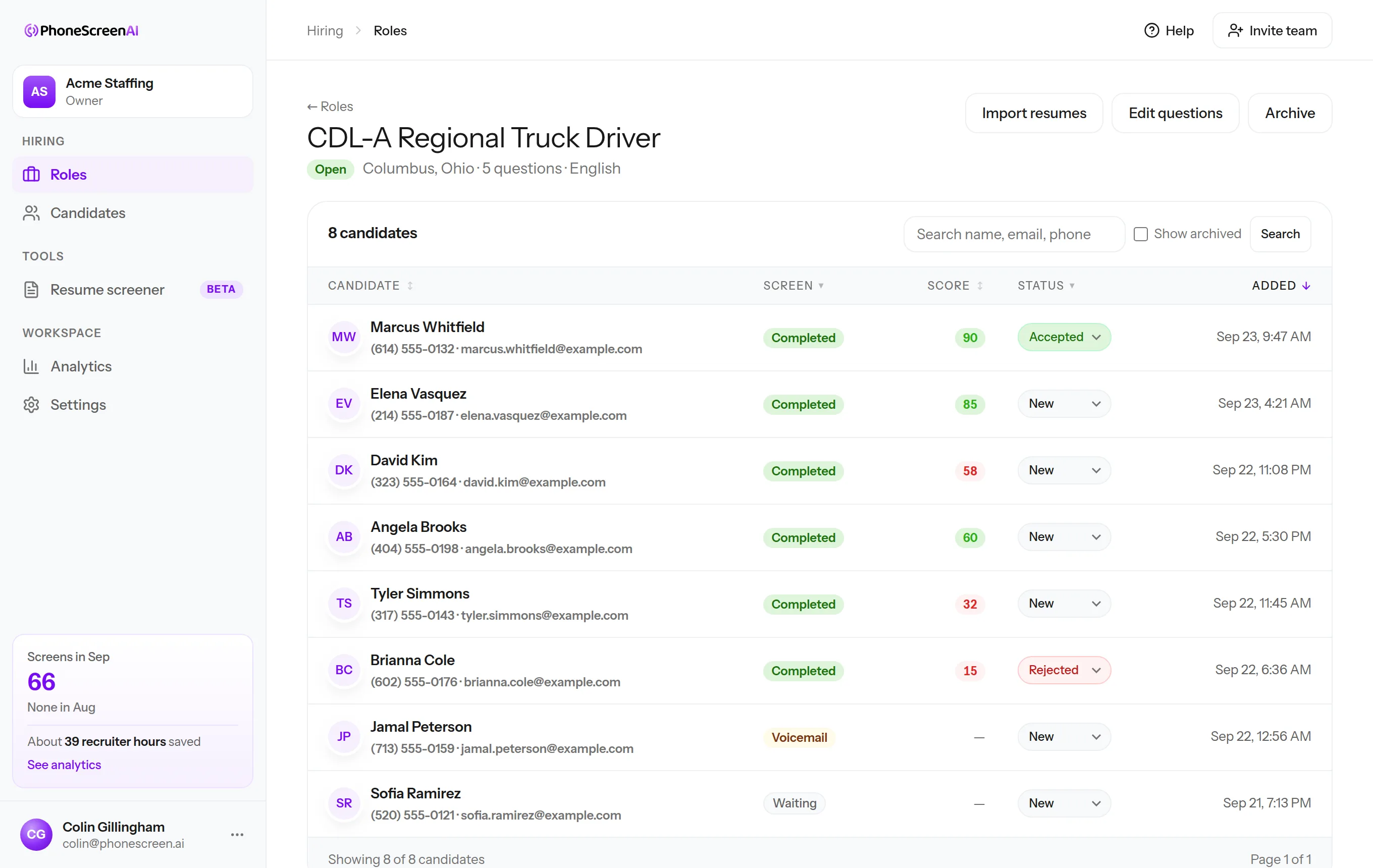 Candidate list for a CDL-A Regional Truck Driver role: every applicant with their screen status, score, and your decision