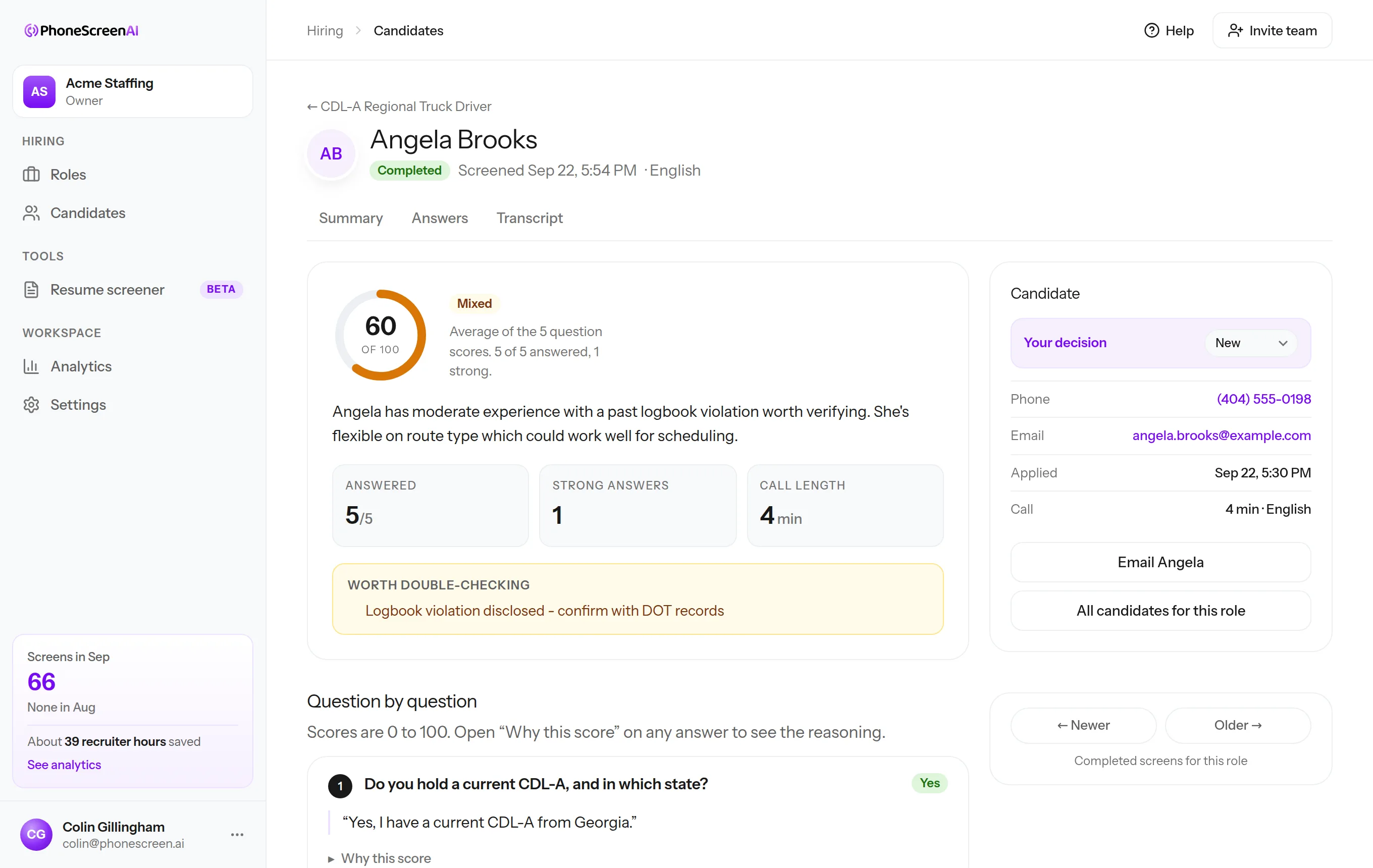 One candidate's screen: score out of 100, what to double-check, and each answer in their own words