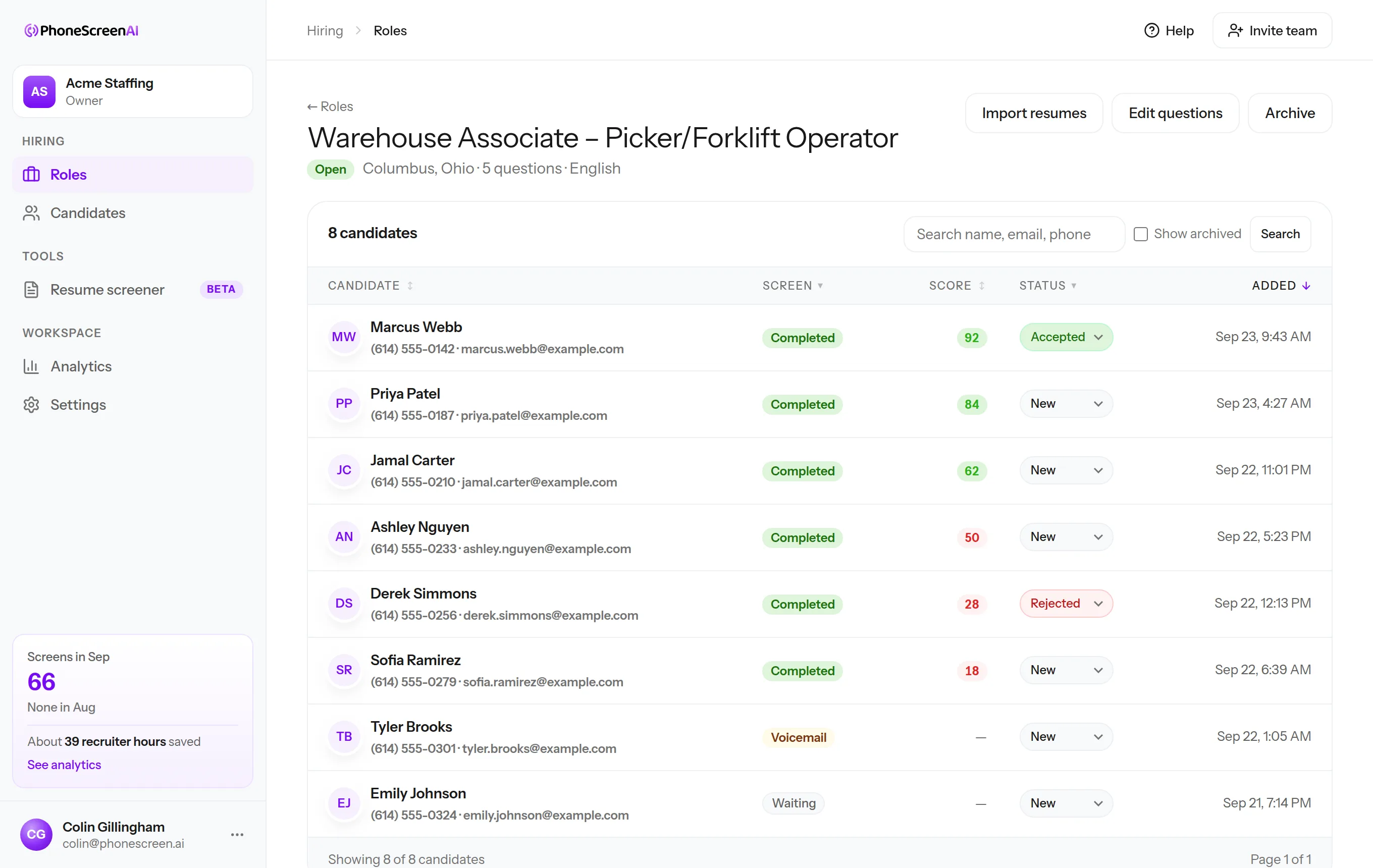 Candidate list for a Warehouse Associate – Picker/Forklift Operator role: every applicant with their screen status, score, and your decision
