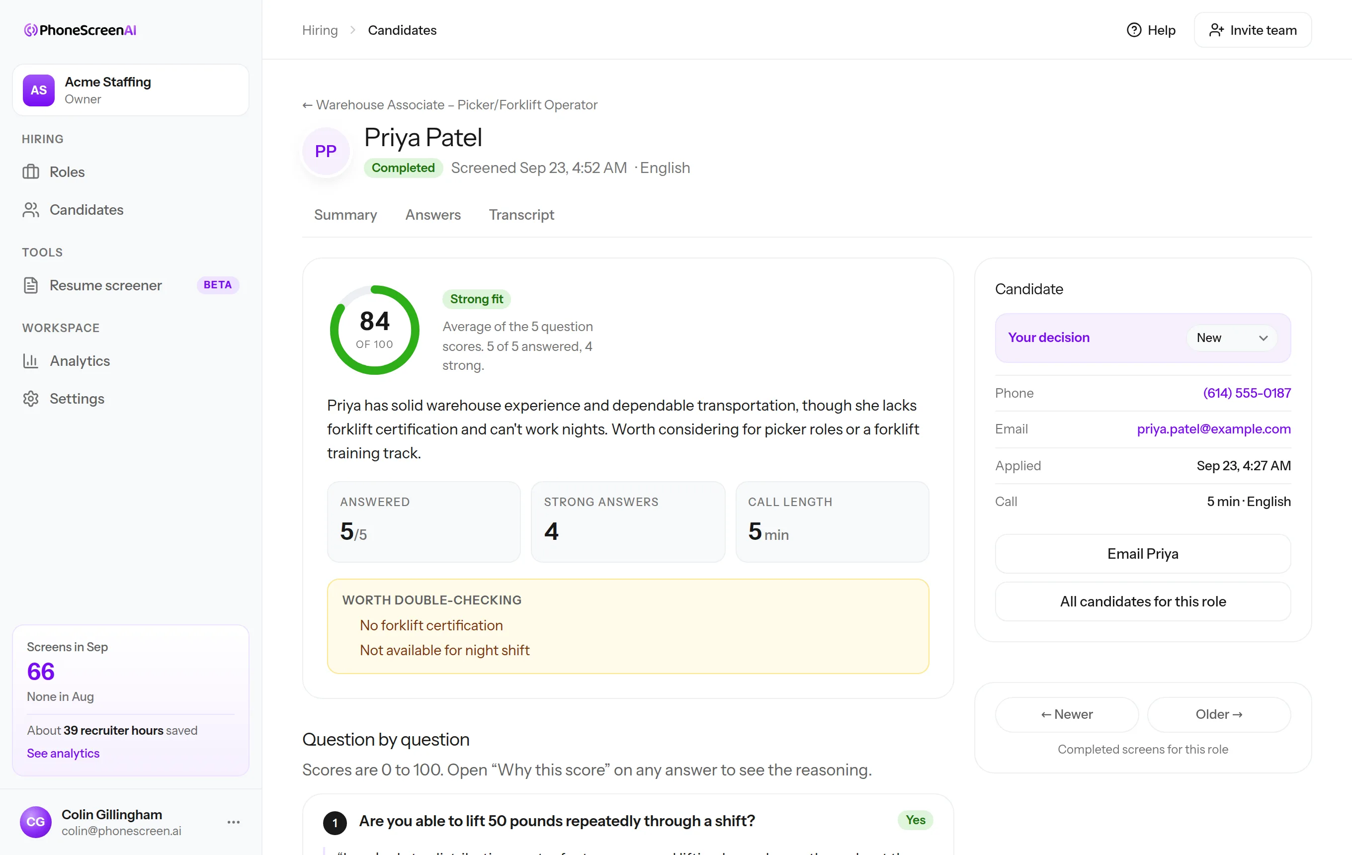 One candidate's screen: score out of 100, what to double-check, and each answer in their own words